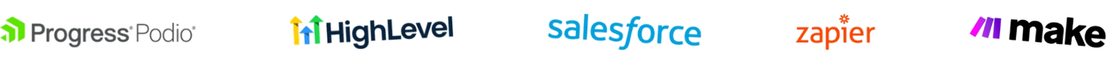 Podio, HighLevel, Salesforce, Zapier and Make logos